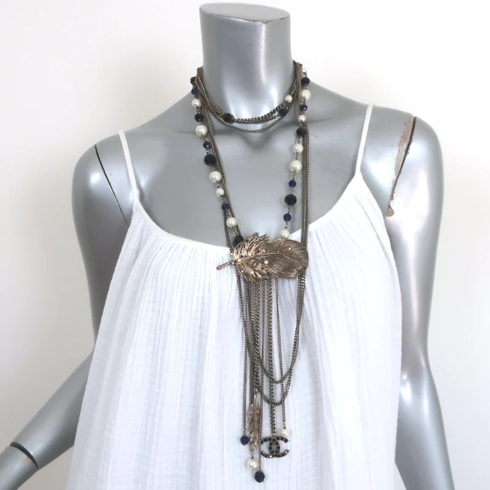 Chanel 06P Runway CC Feather Necklace Draped Chains Pearls & Beads - Picture 1 of 9